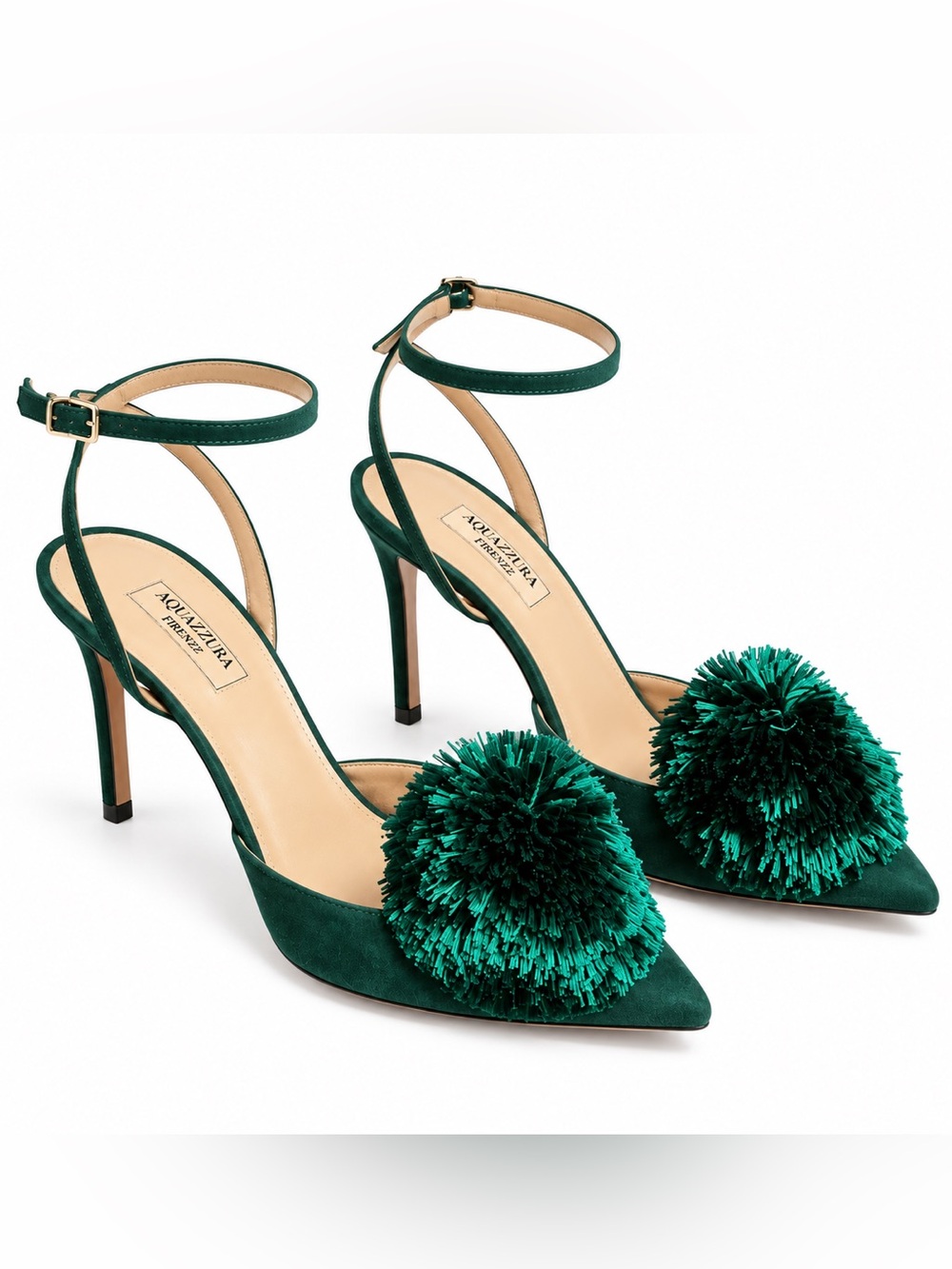 Aquazzura Emerald Green Suede Pom-Pom Ankle-Strap Pumps, size 38